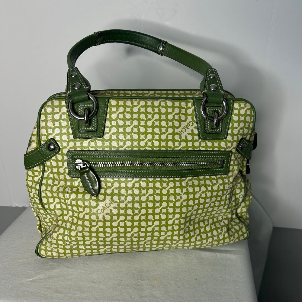 Coach Daisy Op Art Green Satchel Handbag Leather Trim Shoulder Bag 14893